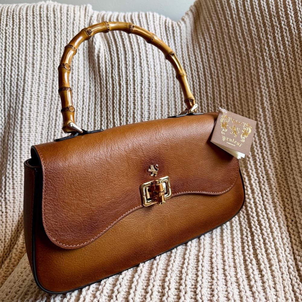 Pratesi East West Flap Bag Brown Leather Bamboo Handle NWT Italy Crossbody